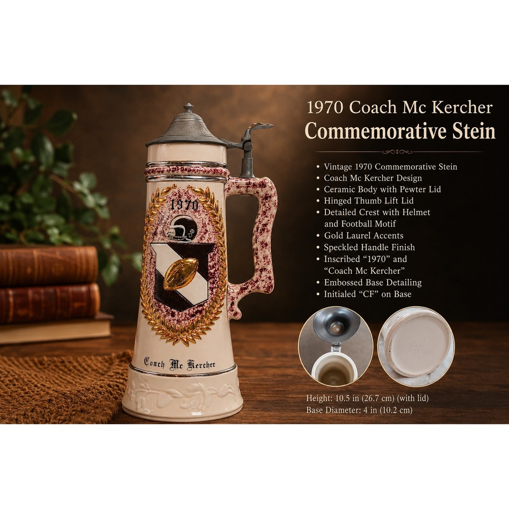 Vintage 1970 Coach Mc Kercher Football Ceramic Beer Stein with Hinged Metal Lid